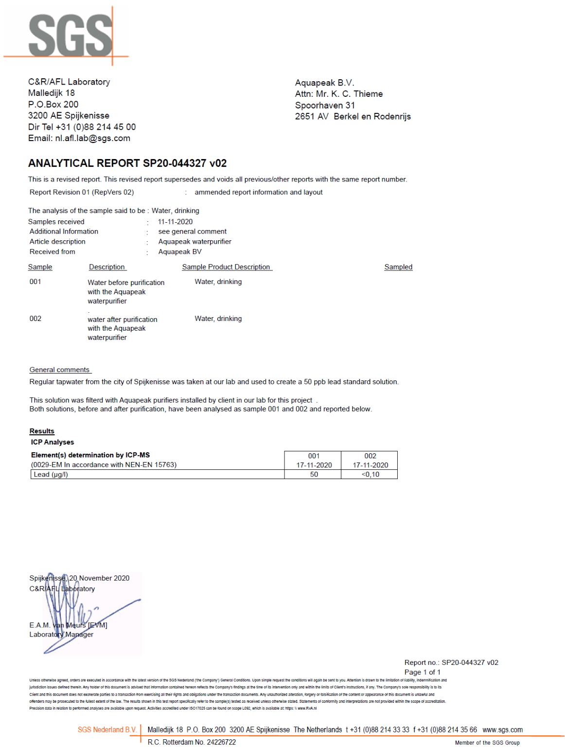 Certificaat dat bewijst dat Aquapeak al het lood uit het water haalt